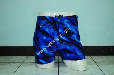 กางเกงว่ายน้ำมีขา เป็นลายสีฟ้า น้ำเงิน มีซิปด้านหน้า เชือกและ ซับใน ไซซ์ XXL